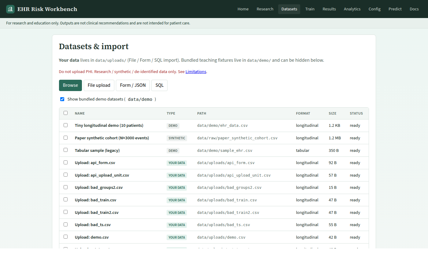 Datasets page with demo list and health