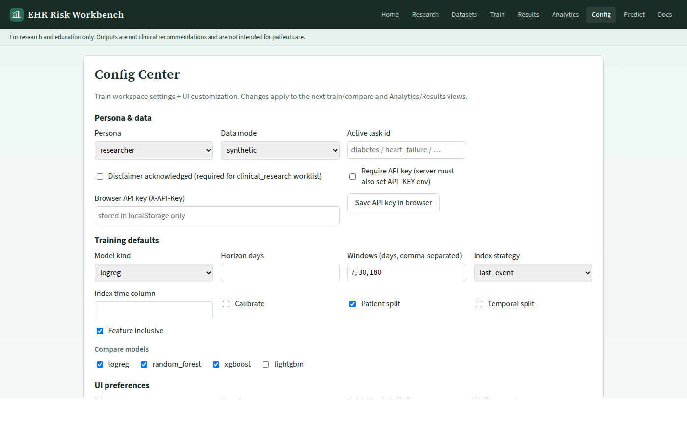 Config Center with task and model defaults