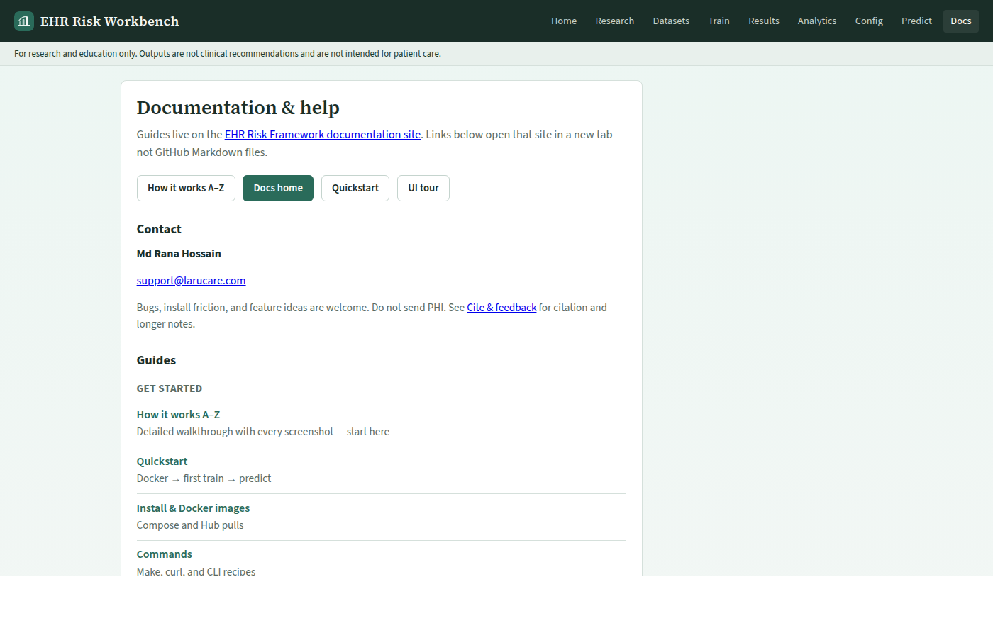 In-app Docs page with guide links